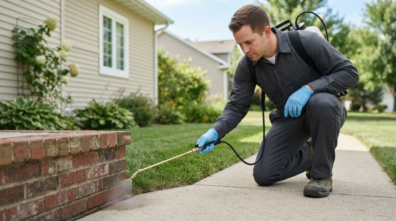 Pest control technician treating a home near Hollis Center, ME